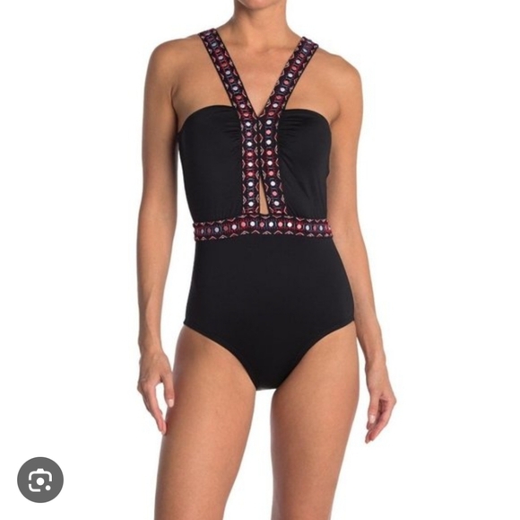 New Laundry By Shelli Segal Black One Piece Swimsuit with Red and Pink  Details - Picture 1 of 10